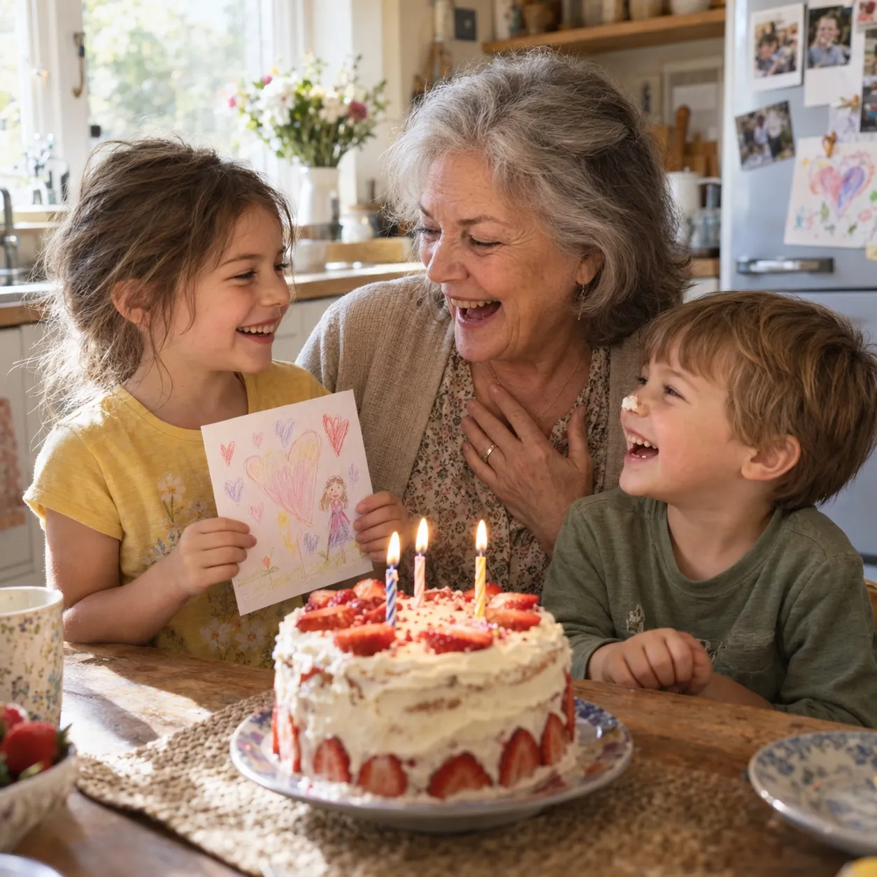 A grandmother laughing with her family over a birthday cake