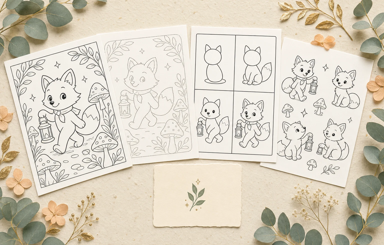 One original fox idea shown as four printable activity formats: coloring, tracing, drawing steps, and a story character sheet