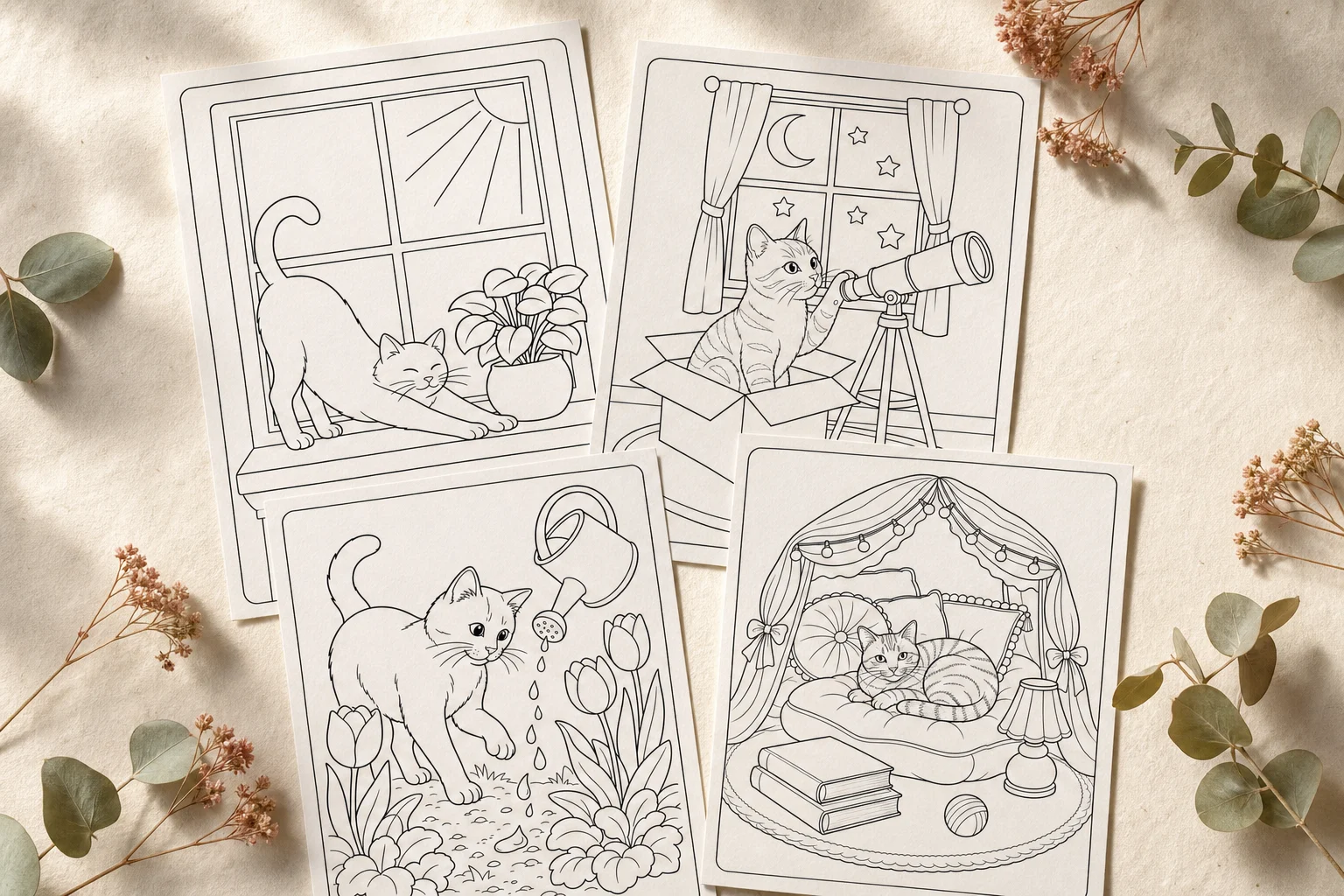 Four original printable cat coloring pages arranged on warm paper: sunbeam window, cardboard observatory, garden watering, and blanket fort scenes