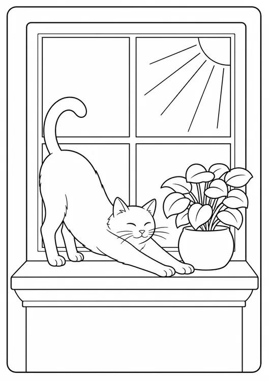 Original simple cat coloring page with a stretching cat, windowsill, plant, and sun rays