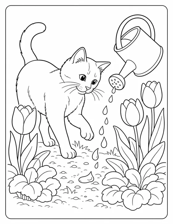 Original cat coloring page with a cat following water drops beside a watering can and tulips