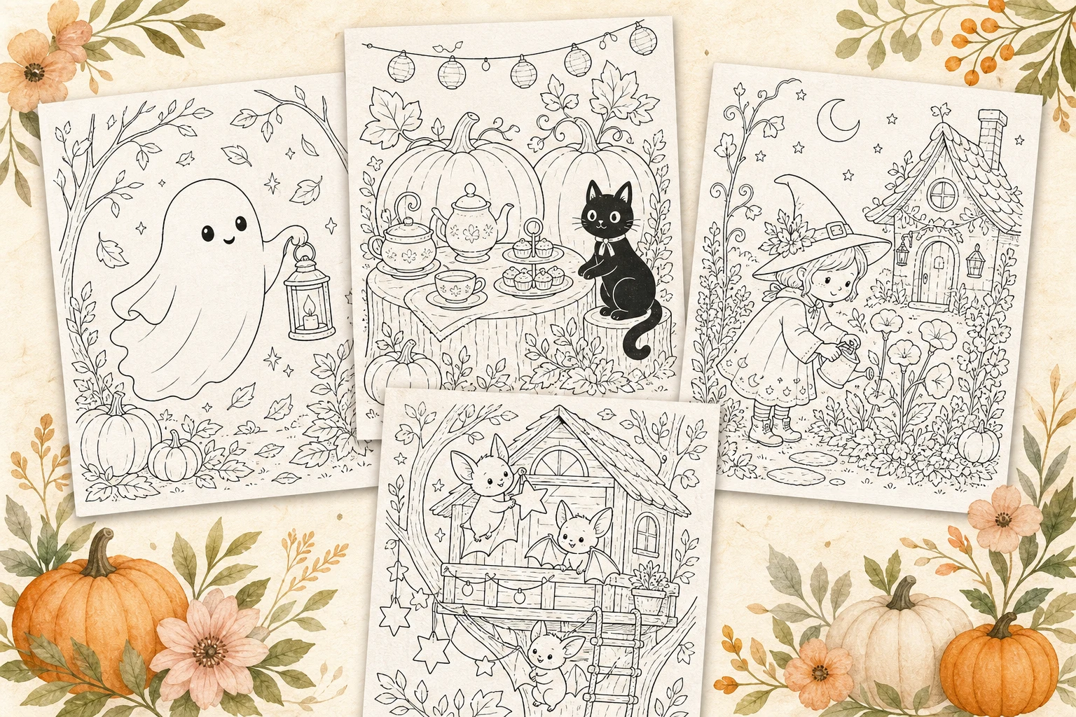 Four original Halloween coloring page concepts on warm paper: lantern ghost, pumpkin tea party, moonflower witch, and bat-family treehouse