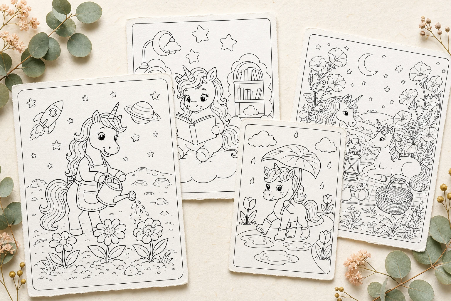 Four original printable unicorn coloring pages arranged on warm botanical paper: moon garden, cloud library, rainy garden, and moonflower picnic