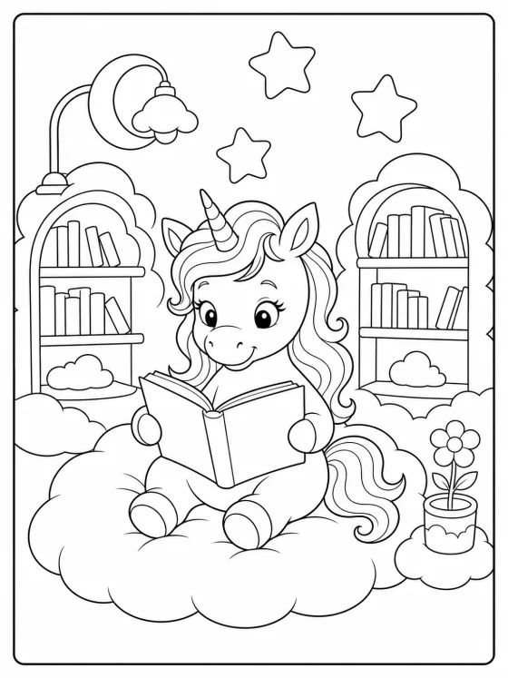 Originales Einhorn-Ausmalbild mit einem lesenden Einhorn in einer Wolkenbibliothek
