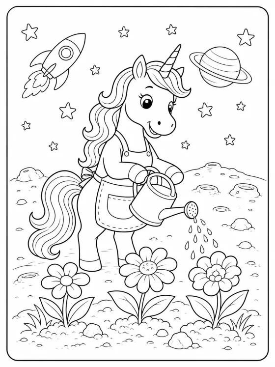 Originales Einhorn-Ausmalbild mit Gießkanne, Mondblumen, Rakete, Sternen und Ringplanet