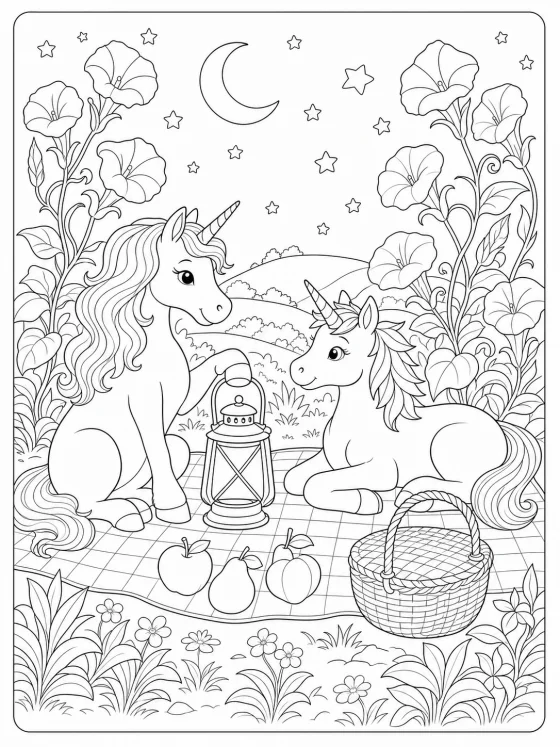 Detailreiches originales Einhorn-Ausmalbild mit zwei Einhörnern beim Laternenpicknick im Mondblumengarten