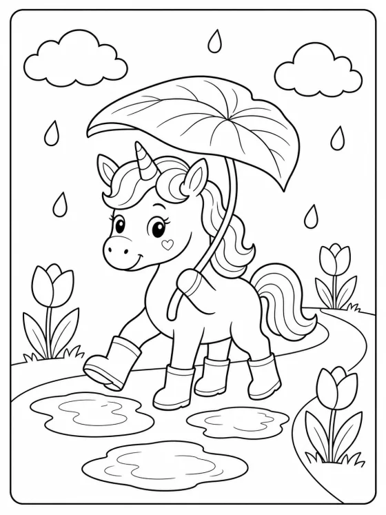 Einfaches originales Einhorn-Ausmalbild mit Regenstiefeln, Blattschirm, Pfützen und Tulpen