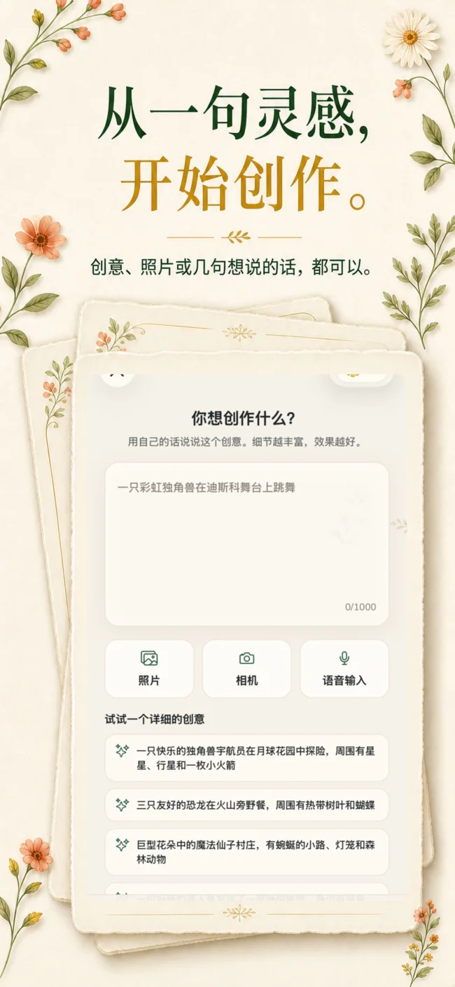 Lumo 中文创作界面,可从照片、相机或语音开始
