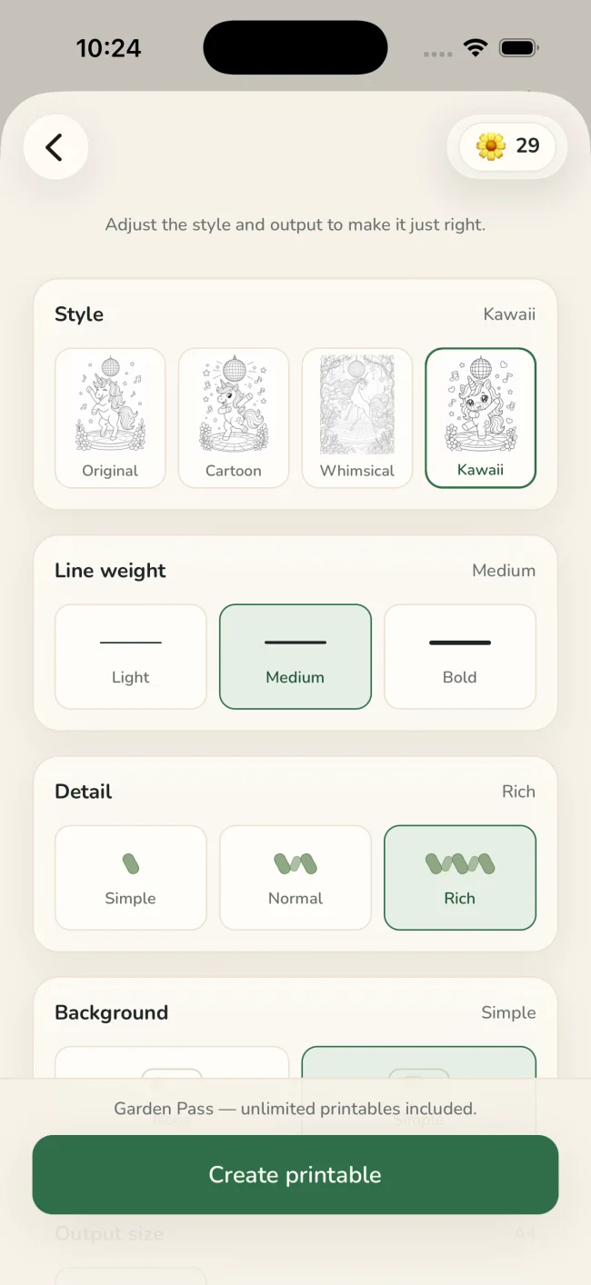 The Lumo tuning screen with style, line weight, detail, and background controls