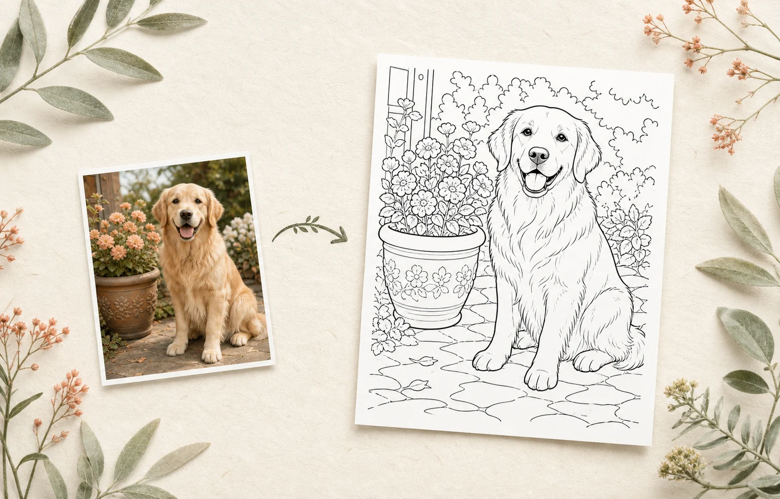 A golden retriever photo beside a printable pet coloring page made from the same scene