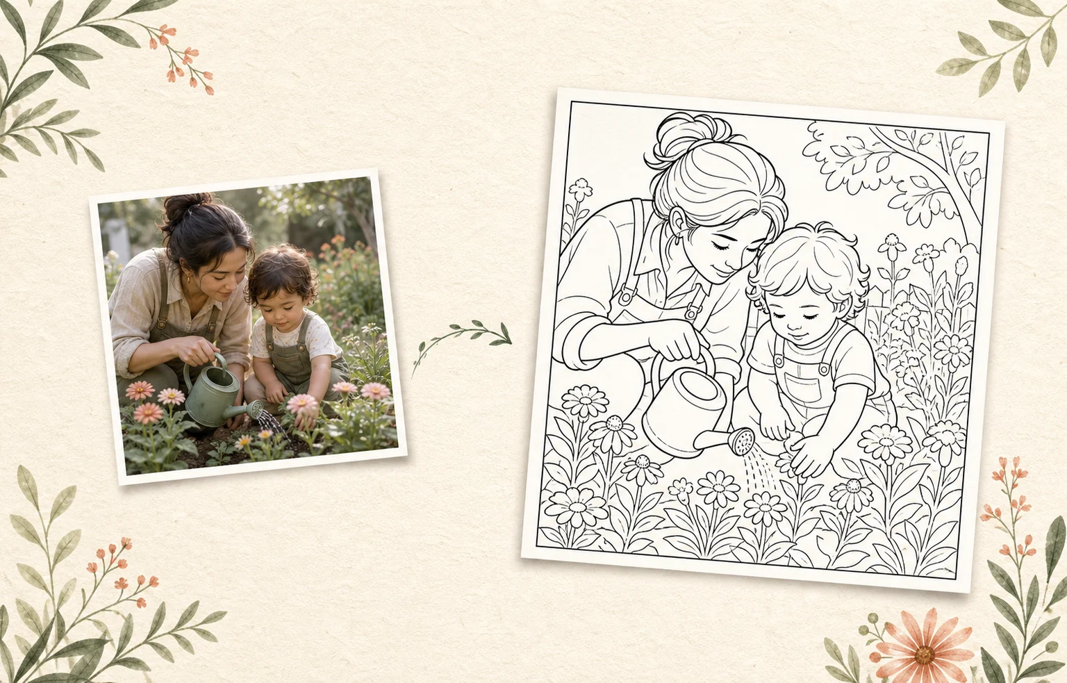 A caregiver and child garden photo transformed into a printable family coloring page